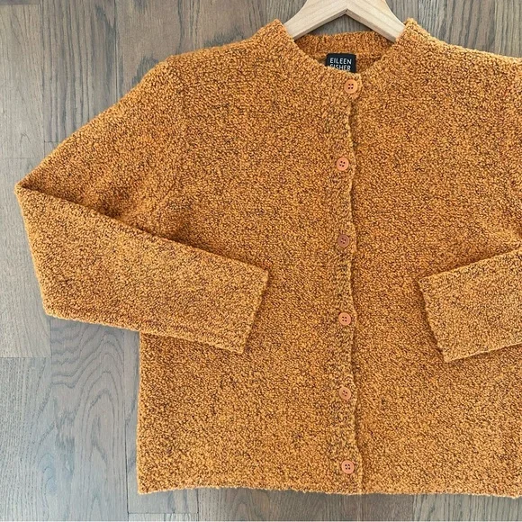 Eileen Fisher Petite Crew Neck Bouclé Cashmere Blend Cardigan Sweater Orange XSP - Picture 3 of 8